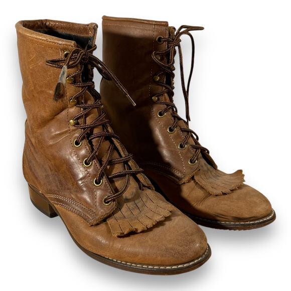 Laredo Boots Lace Up Distressed Leather Western Granny Style Brown Size …
